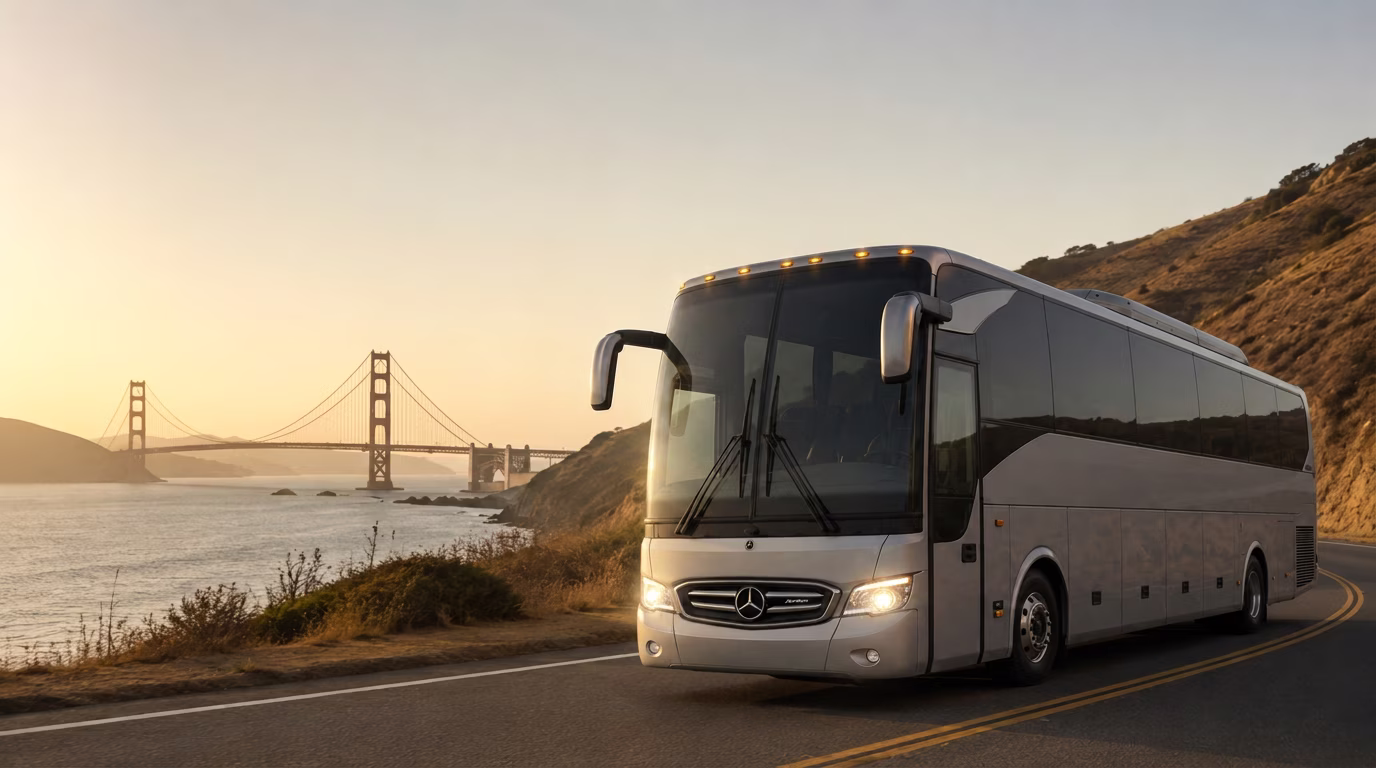 EECS motorcoach on a Bay Area coastal highway